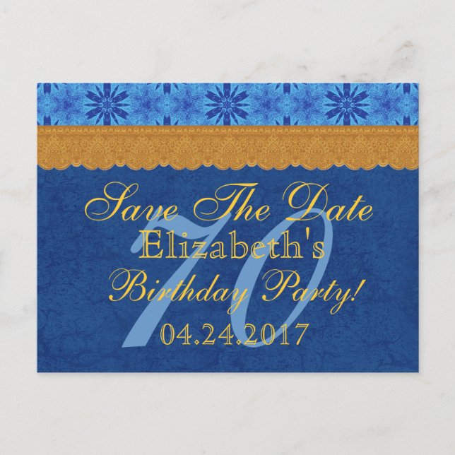 70th Birthday Save the Date Blue and Gold Lace Announcement Postcard (Front)