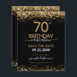 70th Birthday Save the Date Budget Invitation<br><div class="desc">Elegant Faux gold glitter with shimmering confetti highlights on the top and bottom border. All text is adjustable and easy to change for your own party needs. Great elegant 70th birthday template design.</div>