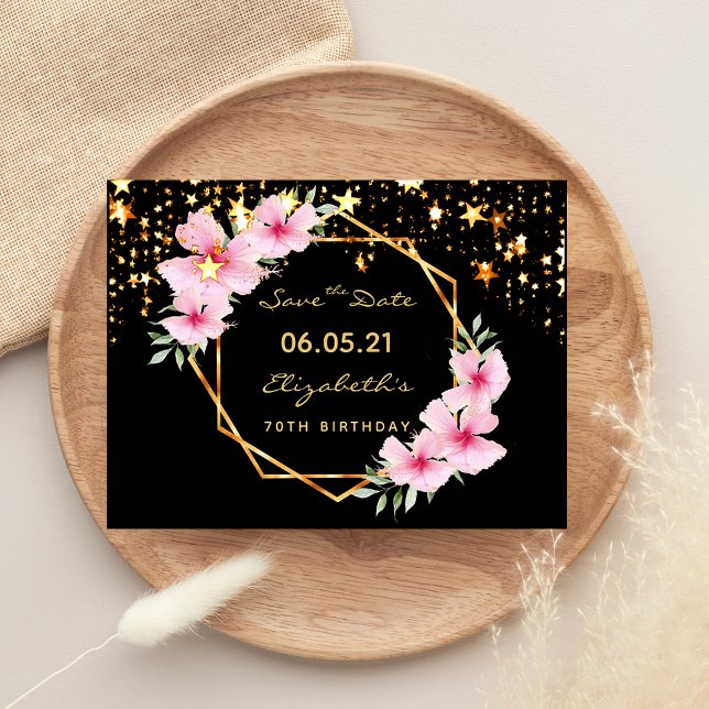 70th birthday Save the Date tropical black stars Postcard (Creator Uploaded)
