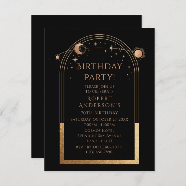 70th Birthday Seventy Celestial Black Gold Invitation (Front/Back)