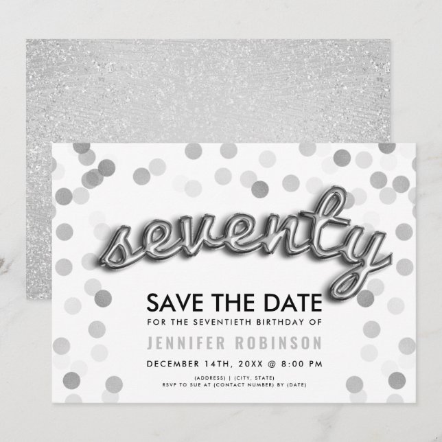 70th Birthday Silver Balloon Glitter Save The Date Invitation (Front/Back)