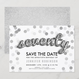 70th Birthday Silver Balloon Glitter Save The Date Invitation