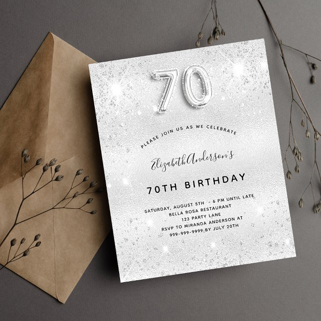 70th birthday silver glitter budget invitation flyer (Creator Uploaded)
