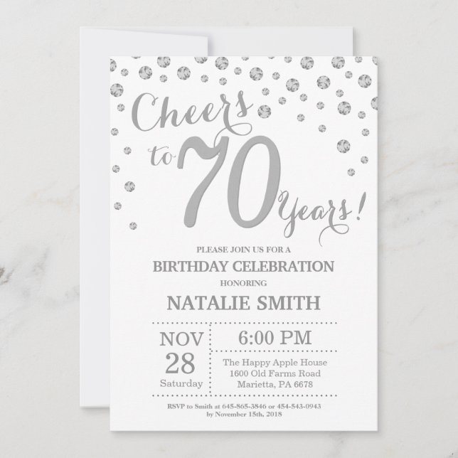 70th Birthday Silver Glitter Diamond Invitation (Front)
