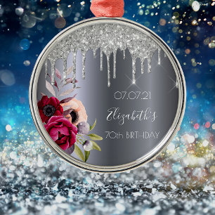 70th birthday silver glitter drips floral burgundy metal tree decoration