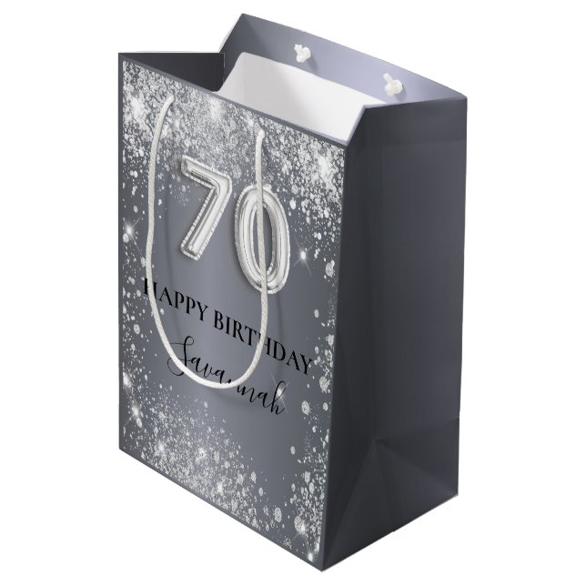 70th birthday silver glitter dust monogram medium gift bag (Back Angled)