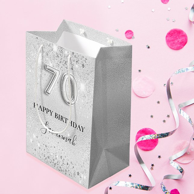 70th birthday silver glitter dust monogram medium gift bag (Creator Uploaded)