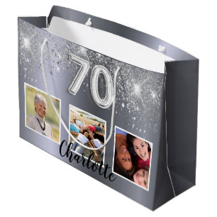 70th birthday silver glitter dust photo monogram large gift bag