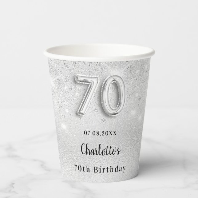 70th birthday silver glitter name elegant paper cups (Back)