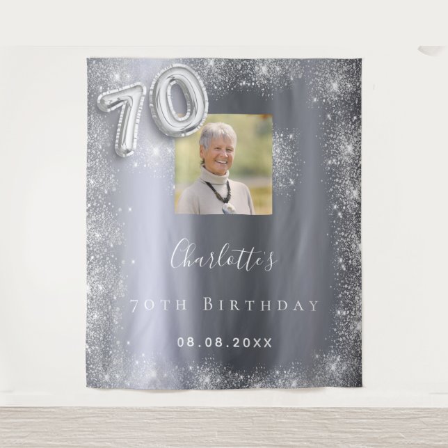 70th birthday silver photo glitter dust welcome tapestry (Front)