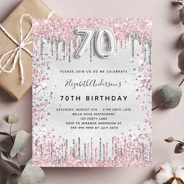 70th birthday silver pink budget invitation flyer (Creator Uploaded)