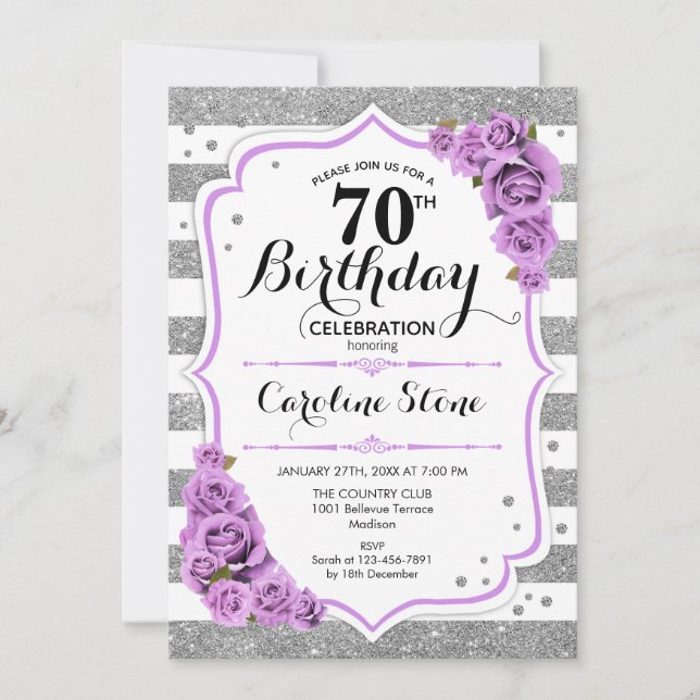 70th Birthday -  Silver White Stripes Purple Roses Invitation (Front)