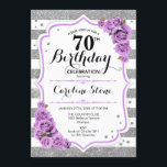 70th Birthday -  Silver White Stripes Purple Roses Invitation<br><div class="desc">70th Birthday Invitation.
Elegant silver white lavender design with faux glitter. Silver and white stripes with purple roses. Perfect for an elegant seventieth birthday party.</div>