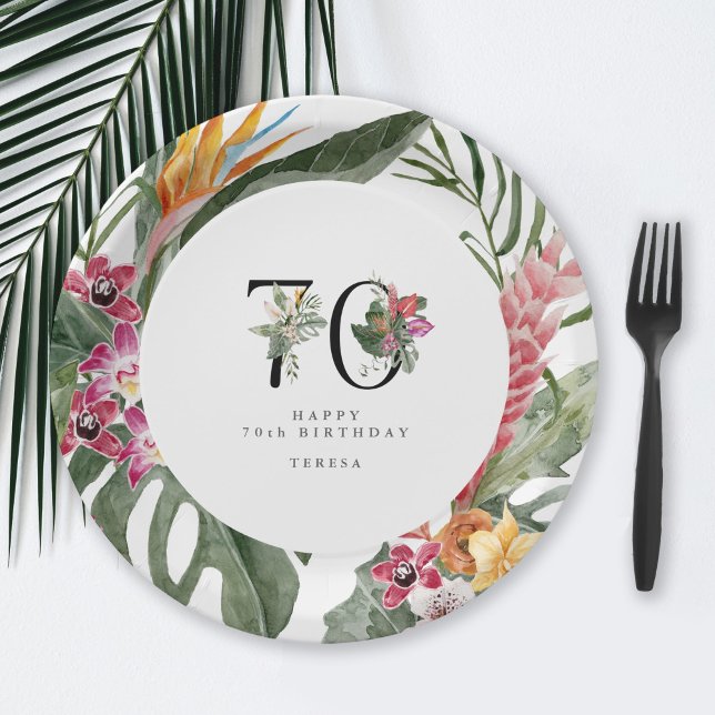 70th Birthday Simple Elegant Tropical Invitation Paper Plate (Creator Uploaded)
