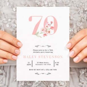 70th Birthday Simple Pink & White Floral Chic Invitation