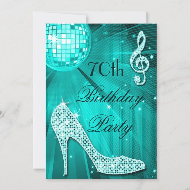 70th Birthday Sparkle Heels and Teal Disco Ball Invitation (Front)