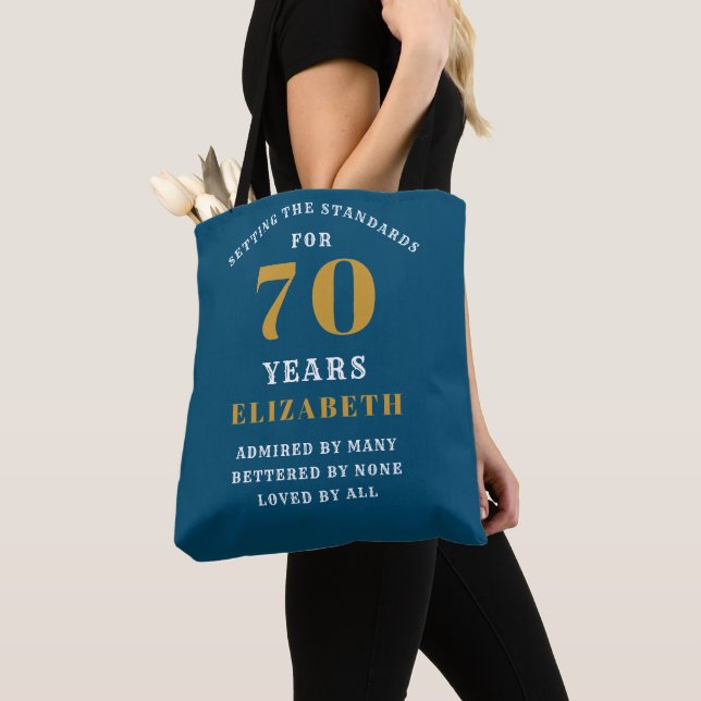 70th Birthday Standards Blue Gold Add Your Name Tote Bag (Close Up)
