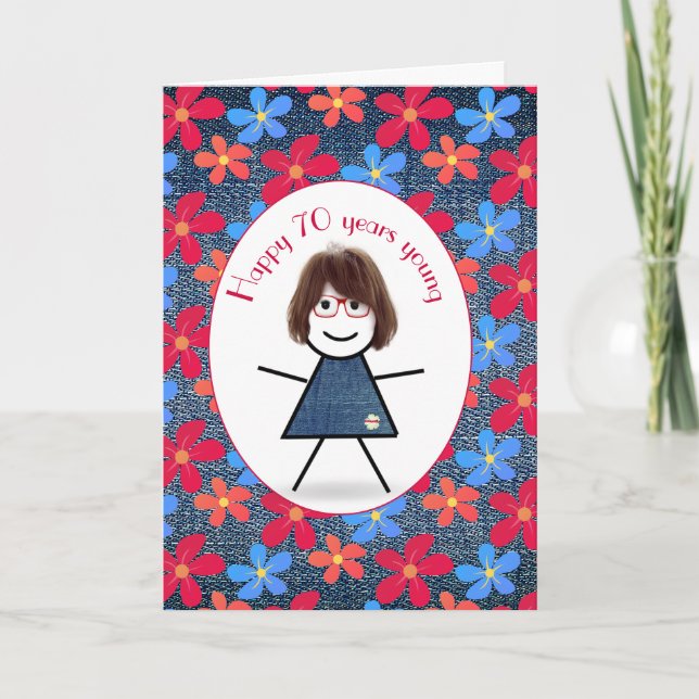 70th Birthday Stick Girl and Daisies On Denim Card (Front)