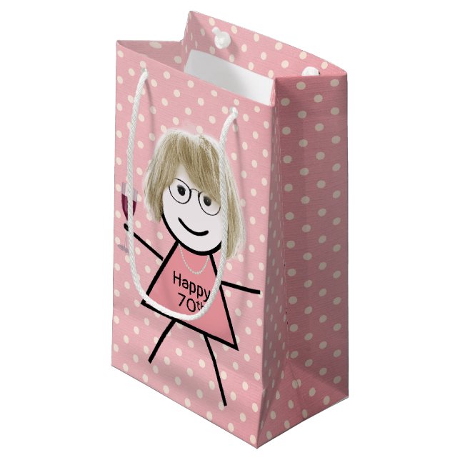 70th Birthday Stick Girl On Polka Dots Small Gift Bag (Front Angled)