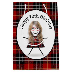 70th Birthday Stick Girl on Tartan Plaid   Medium Gift Bag