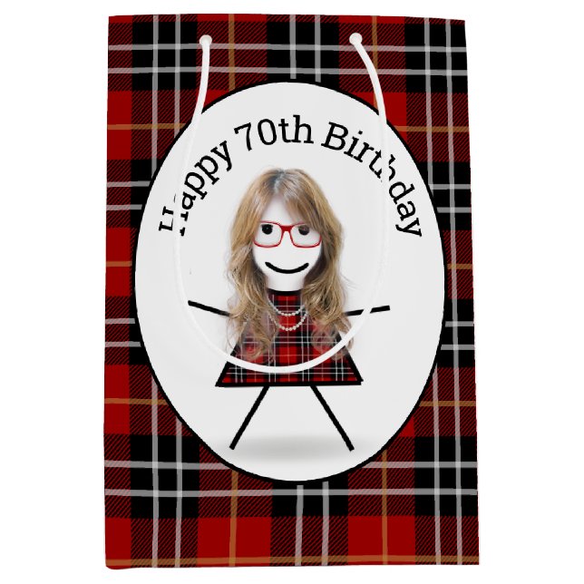 70th Birthday Stick Girl on Tartan Plaid   Medium Gift Bag (Front)