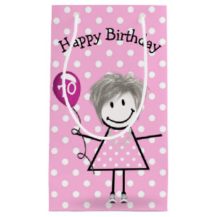 70th Birthday Stick Girl with Pink Balloon Small Gift Bag