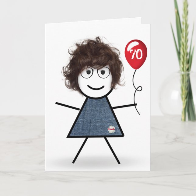 70th Birthday Stick Girl with Red Balloon  Card (Front)