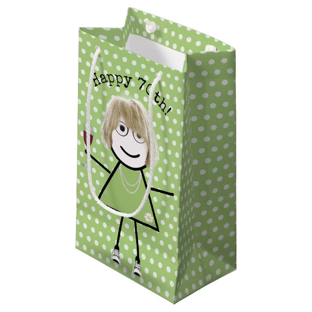 70th Birthday Stick Girl with Wine Glass Small Gift Bag (Front Angled)