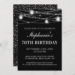 70th Birthday String Lights Jars Black White Invitation