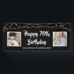 70th Birthday String Lights Photo Black Banner<br><div class="desc">Celebrate a 70th birthday and welcome party guests with this editable black banner sign featuring two photos (perhaps THEN and NOW pictures of the birthday man or woman) with a border of gold and white string lights. EDITABLE COLOR: The black background colour and text fonts and colour can be changed...</div>