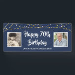 70th Birthday String Lights Photo Blue Banner<br><div class="desc">Celebrate a 70th birthday and welcome party guests with this editable blue banner sign featuring two photos (perhaps THEN and NOW pictures of the birthday man or woman) with a border of gold and white string lights. EDITABLE COLOR: The blue background colour and text fonts and colour can be changed...</div>