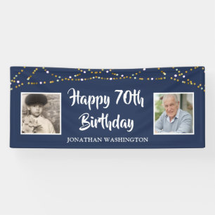 70th Birthday String Lights Photo Blue Banner