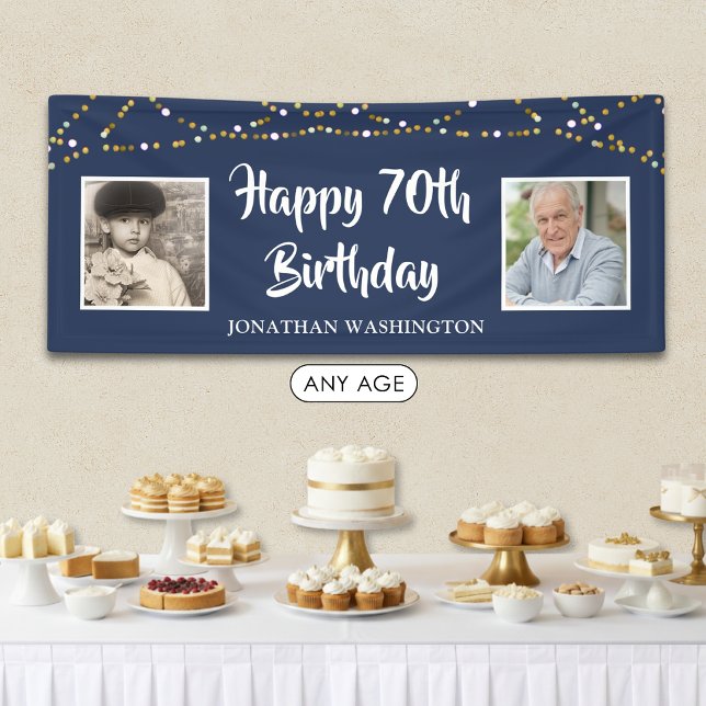 70th Birthday String Lights Photo Blue Banner (Creator Uploaded)
