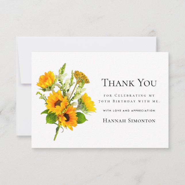70th Birthday Sunflower Bouquet Personalised Thank You Card (Front)