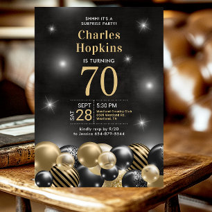 70th Birthday Surprise Party Black Gold Balloons Invitation