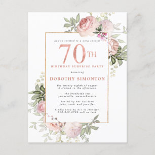 70th Birthday Surprise Party Pink Rose Floral  Invitation Postcard