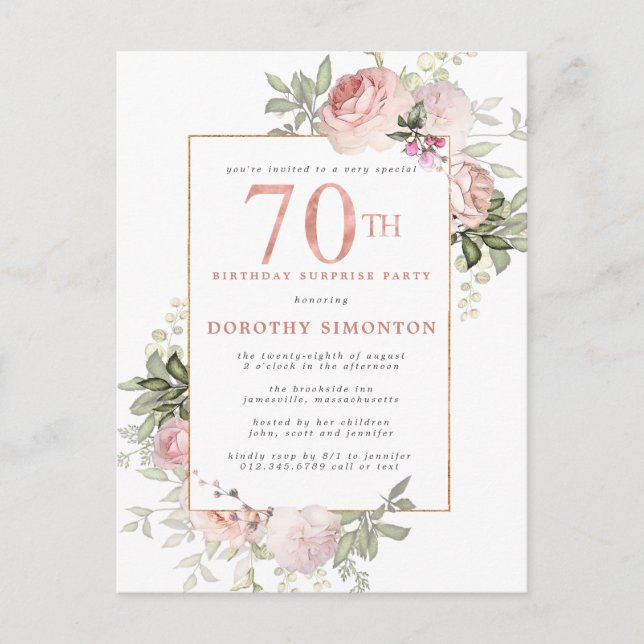 70th Birthday Surprise Party Pink Rose Floral  Invitation Postcard (Front)