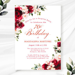 70th Birthday Surprise Party Red Pink Floral Invitation