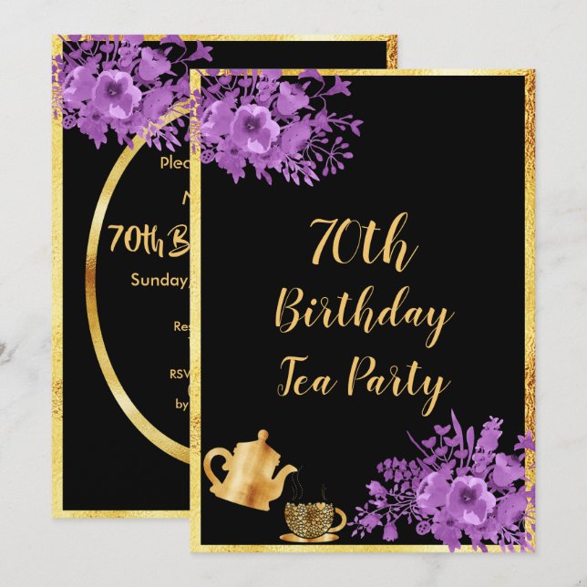 70th birthday tea party invitation gold black gold (Front/Back)