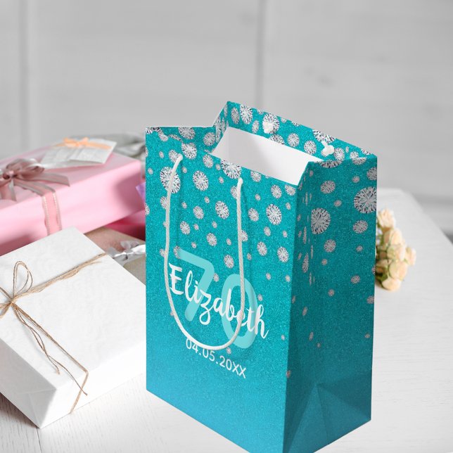 70th birthday teal blue green name diamonds medium gift bag (Creator Uploaded)