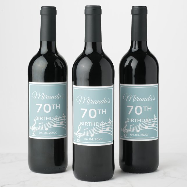 70th birthday teal light blue music notes wine label (Bottles)
