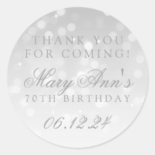 70th Birthday Thank You Silver Bokeh Sparkle Light Classic Round Sticker