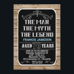 70th Birthday The Man The Myth The Legend 70 YRS Invitation<br><div class="desc">A bold 70th birthday invitation featuring white and blue text over a black background surrounded by wood. Please note the words,  "The Man,  The Myth,  The Legend" and all ornamental lines are NOT editable.</div>
