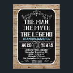 70th Birthday The Man The Myth The Legend 70 YRS Invitation<br><div class="desc">A bold 70th birthday invitation featuring white and blue text over a black background surrounded by wood. Please note the words,  "The Man,  The Myth,  The Legend" and all ornamental lines are NOT editable.</div>