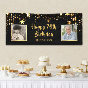 70th Birthday Then & Now Photos Black Gold Stars Banner