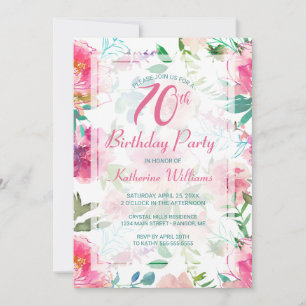 70th Birthday Tropical Floral Pink Peony Party Invitation