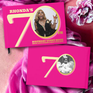 70th birthday two photos hot pink gold guest book