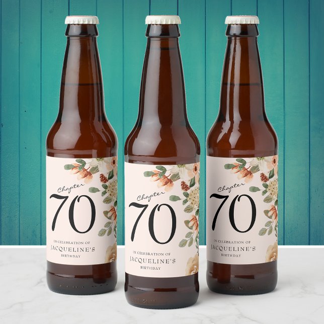 70th Birthday Vintage Floral Beer Bottle Label (70th Birthday vintage floral customised beer bottle labels. Unique big 7-0 celebration idea.)
