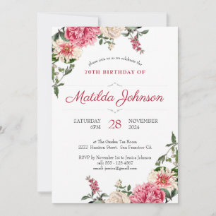 70th Birthday Vintage Floral Botanical Pink Red Invitation