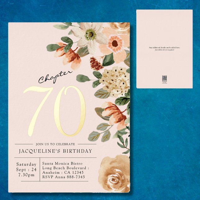 70th Birthday Vintage Floral Gold (Unique 70th birthday peach blush pink floral gold foil invitation. )
